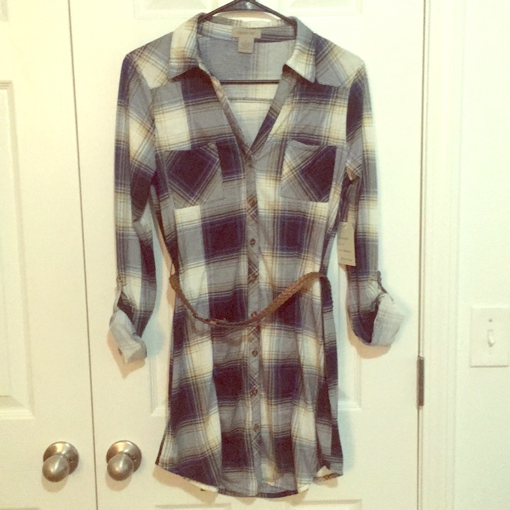 Khaki/Blue Plaid Shirt Dress